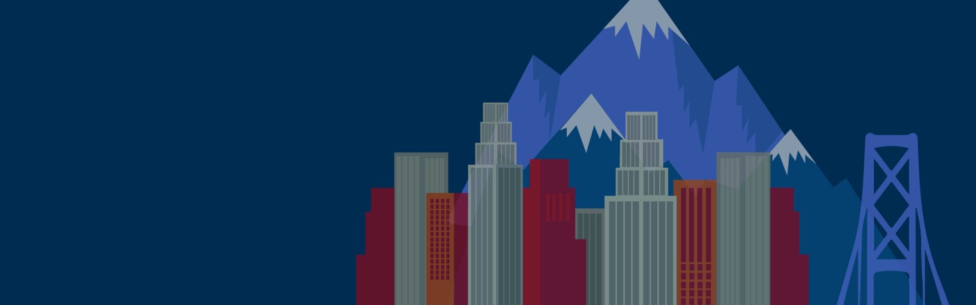graphics of mountains, sky scrapers & a bridge